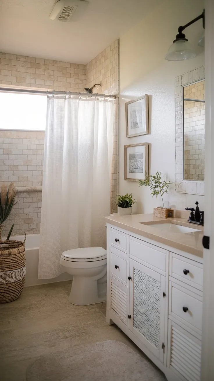 Transform your guest bathroom into a coastal haven with this bathroom remodel coastal farmhouse design.  Beach home bathroom ideas meet chic coastal bathroom style in this serene space.  The beige tile and white fixtures create a bright and airy feel, while the coastal decor adds a touch of personality.  Perfect for showcasing half bath coastal decor or inspiring your own beach guest bathroom ideas.  Explore these coastal bathroom ideas for your next project.