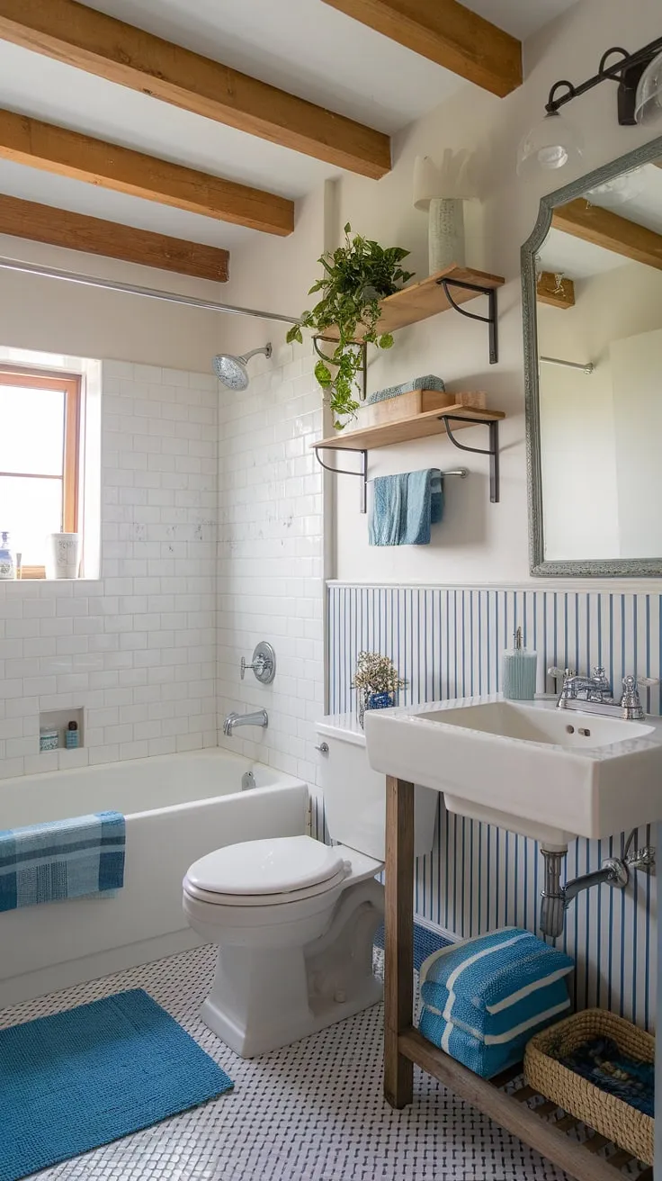 Transform your guest bathroom into a chic coastal retreat with this stunning remodel.  Coastal farmhouse charm meets beachy bliss in this half bath, showcasing the best in coastal bathroom ideas and beach home bathroom ideas.  Perfect for creating a relaxing beach guest bathroom experience.