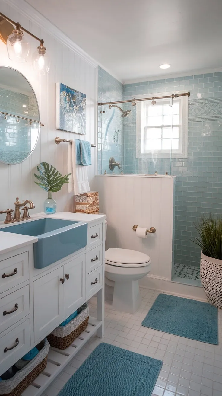 This bathroom remodel transforms a simple half bath into a chic coastal bathroom haven.  Coastal farmhouse style meets beachy bliss in this guest bathroom beach theme, perfect for a beach home.  Find inspiration for your own beach guest bathroom ideas with this stunning example of coastal bathroom ideas and bathroom decor coastal style.  The result? A relaxing and stylish space that embodies the ultimate beach home bathroom ideas.