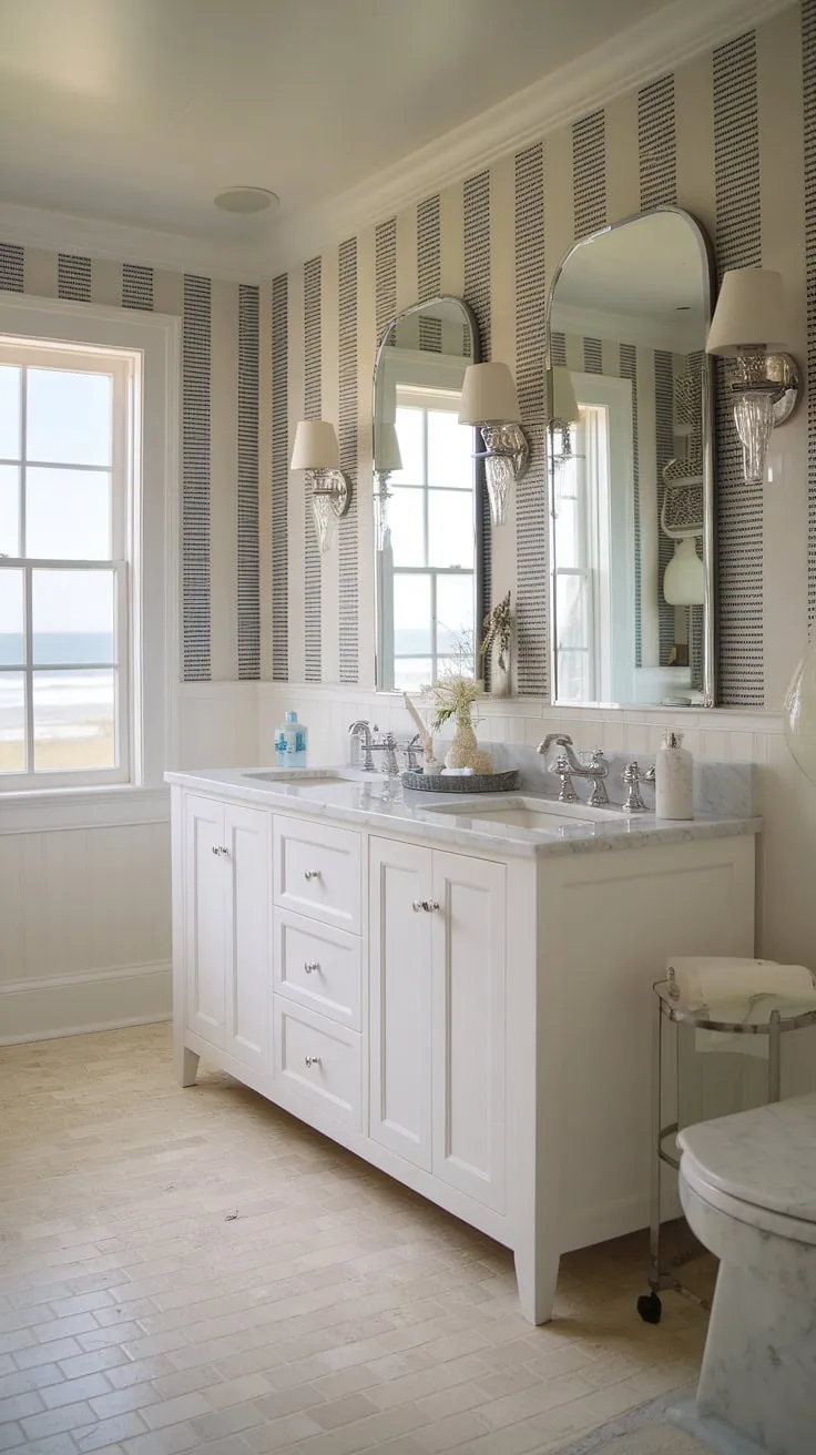 Beach guest bathroom ideas meet chic coastal bathroom design in this stunning bathroom remodel.  The coastal farmhouse aesthetic is perfectly complemented by the blue and white striped wall, marble vanity, and ocean view.  Explore coastal bathroom ideas and bathroom decor coastal style with this inspiring half bath coastal decor transformation.