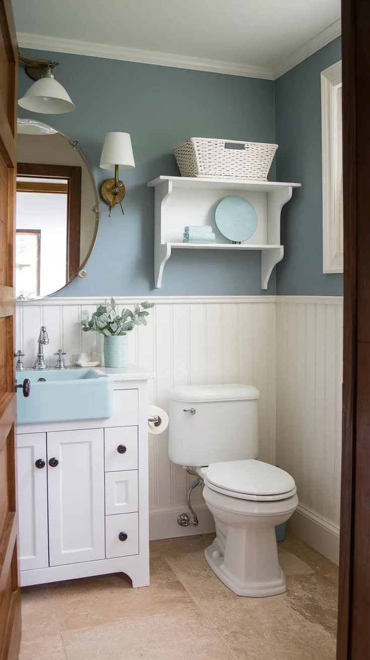 Transform your guest bathroom into a chic coastal retreat with this stunning remodel.  Coastal farmhouse charm meets beachy elegance in this half bath, showcasing the best of coastal bathroom ideas and beach home bathroom ideas.  Perfect for creating a relaxing beach guest bathroom experience.