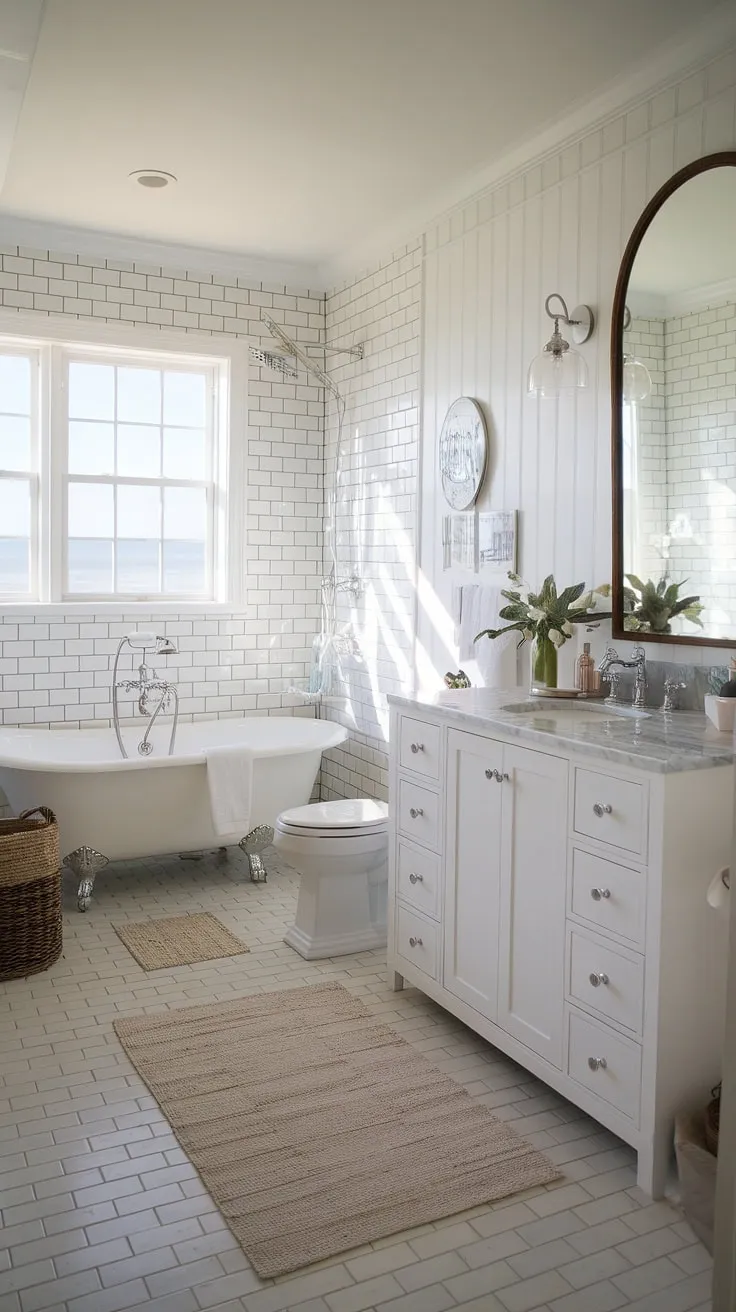 Escape to tranquility in this chic coastal bathroom remodel.  The coastal farmhouse style blends seamlessly with ocean views, offering the perfect blend of beach home bathroom ideas and sophisticated bathroom decor coastal style. This guest bathroom beach theme is brimming with coastal bathroom ideas, from the clawfoot tub to the charming half bath coastal decor.
