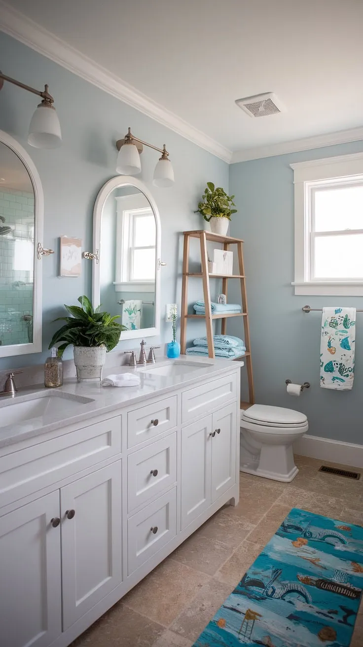 Transform your guest bathroom into a chic coastal haven with this stunning remodel.  Coastal farmhouse charm meets beachy bliss in this half bath, showcasing the best of coastal bathroom ideas and beach home bathroom ideas.  Perfect for creating a relaxing beach guest bathroom, this space effortlessly blends bathroom decor coastal style.