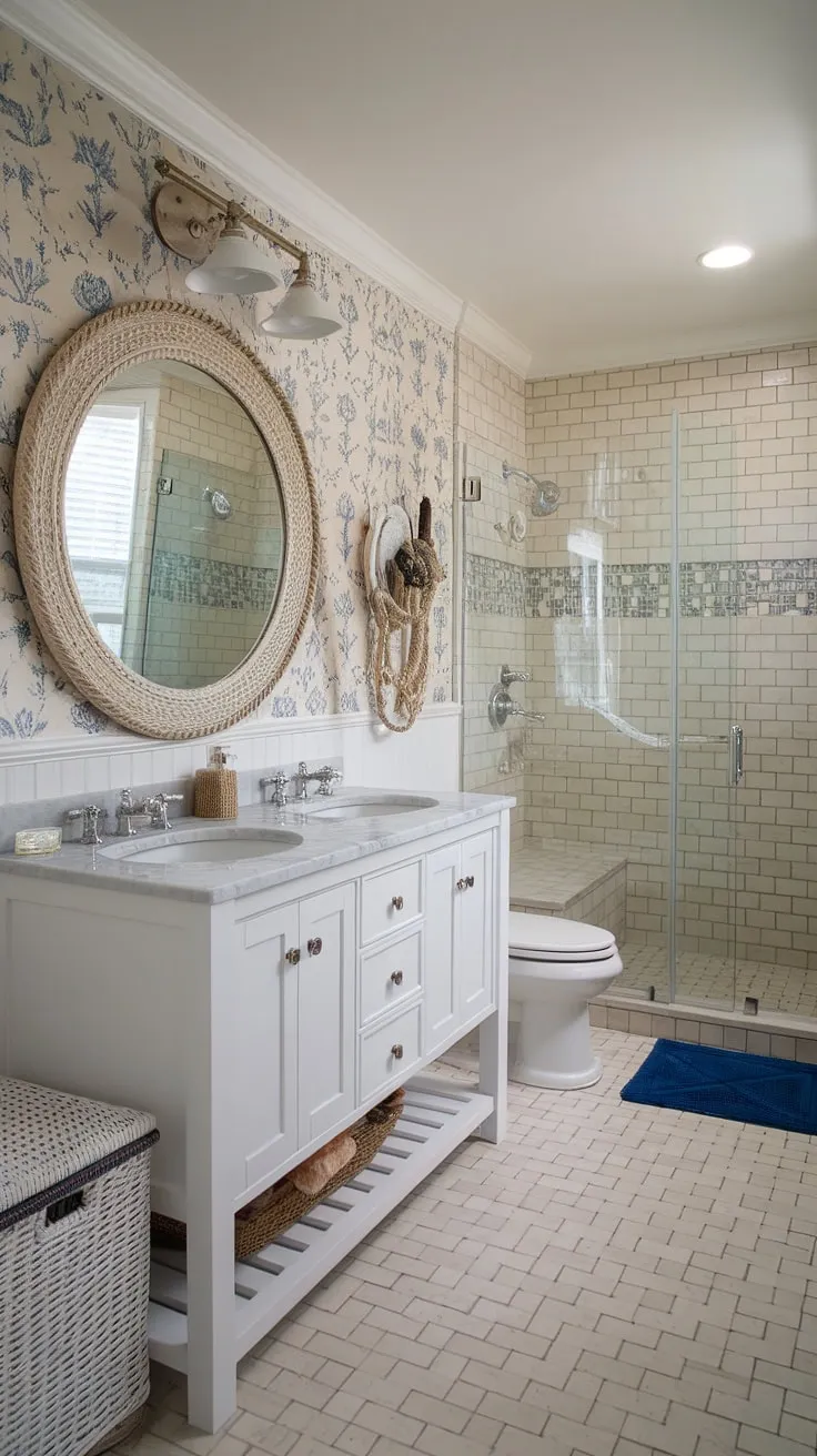 Transform your guest bathroom into a chic coastal retreat with this stunning remodel.  Blending coastal farmhouse charm with beachy details, this half bath boasts the perfect blend of relaxed elegance and coastal bathroom ideas.  From the decor to the design, it's brimming with inspiration for your own beach home bathroom ideas or beach guest bathroom ideas.  Consider this your ultimate guide to bathroom decor coastal style.