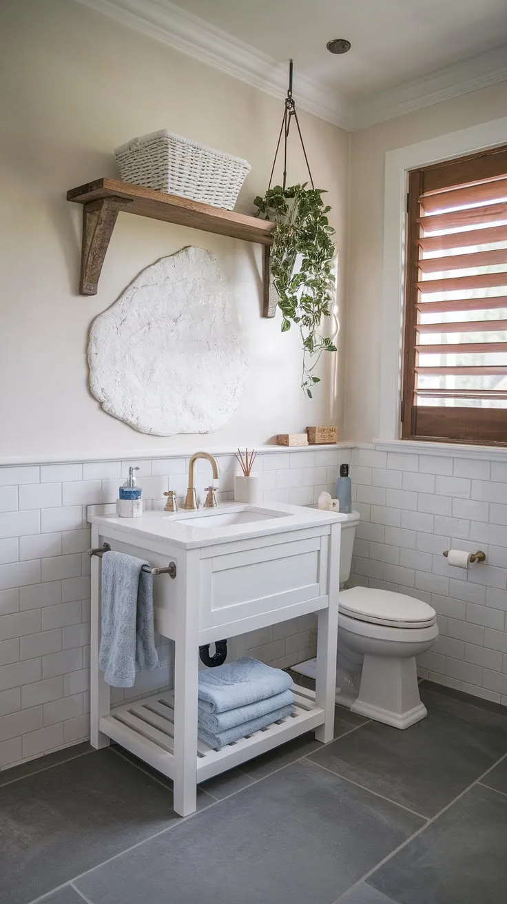 Transform your guest bathroom into a chic coastal haven with this stunning remodel.  Coastal farmhouse charm meets beachy bliss in this half bath, showcasing the best in coastal bathroom ideas and beach home bathroom ideas.  Perfect for creating a relaxing beach guest bathroom, this space effortlessly blends bathroom decor coastal style.