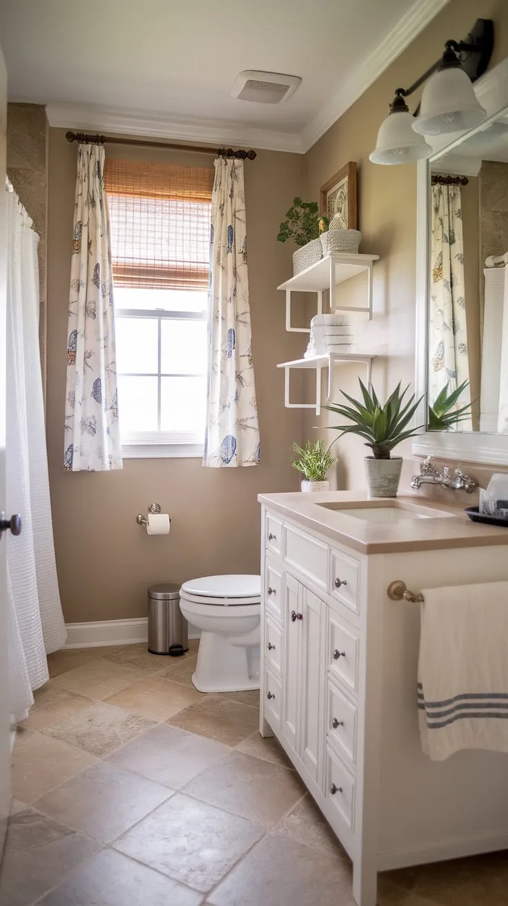 Transform your bathroom into a coastal oasis with this bathroom remodel coastal farmhouse design.  Beach guest bathroom ideas meet chic coastal bathroom style in this space, showcasing effortless elegance and relaxed coastal vibes.  Explore more coastal bathroom ideas for your own beach home bathroom ideas, focusing on simple bathroom decor coastal style.