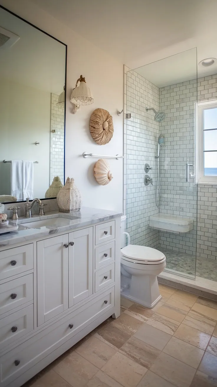 This bathroom remodel transforms a simple space into a breathtaking coastal farmhouse haven.  The combination of a white vanity, marble countertop, and rainshower creates a luxurious feel, while the beach-inspired decor and ocean view deliver the ultimate coastal bathroom ideas. Perfect for a guest bathroom beach theme, this half bath coastal decor offers plenty of inspiration for your own beach home bathroom ideas and bathroom decor coastal style.