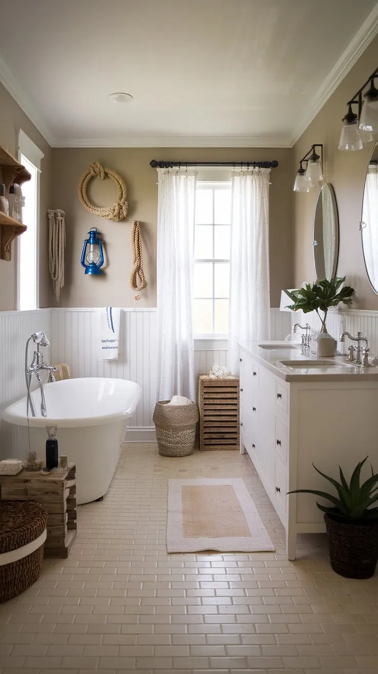 This coastal bathroom remodel effortlessly blends chic coastal style with coastal farmhouse elements.  Find inspiration for your own half bath coastal decor or beach guest bathroom ideas.  Explore the possibilities of bathroom decor coastal style and create the perfect beach home bathroom.