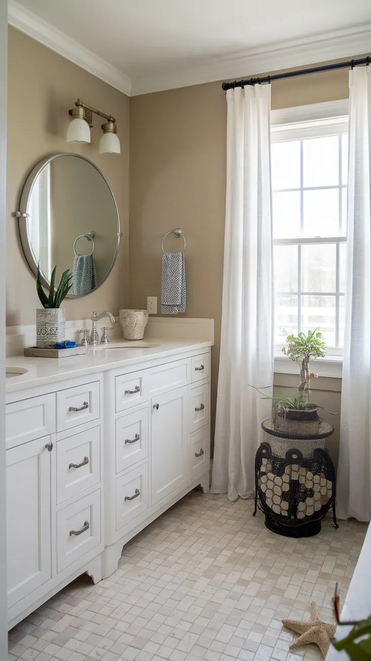Transform your guest bathroom into a chic coastal retreat with this stunning remodel.  Coastal farmhouse charm meets beachy elegance in this half bath, showcasing the best in coastal bathroom ideas and beach home bathroom ideas.  Perfect for creating a relaxing beach guest bathroom experience.