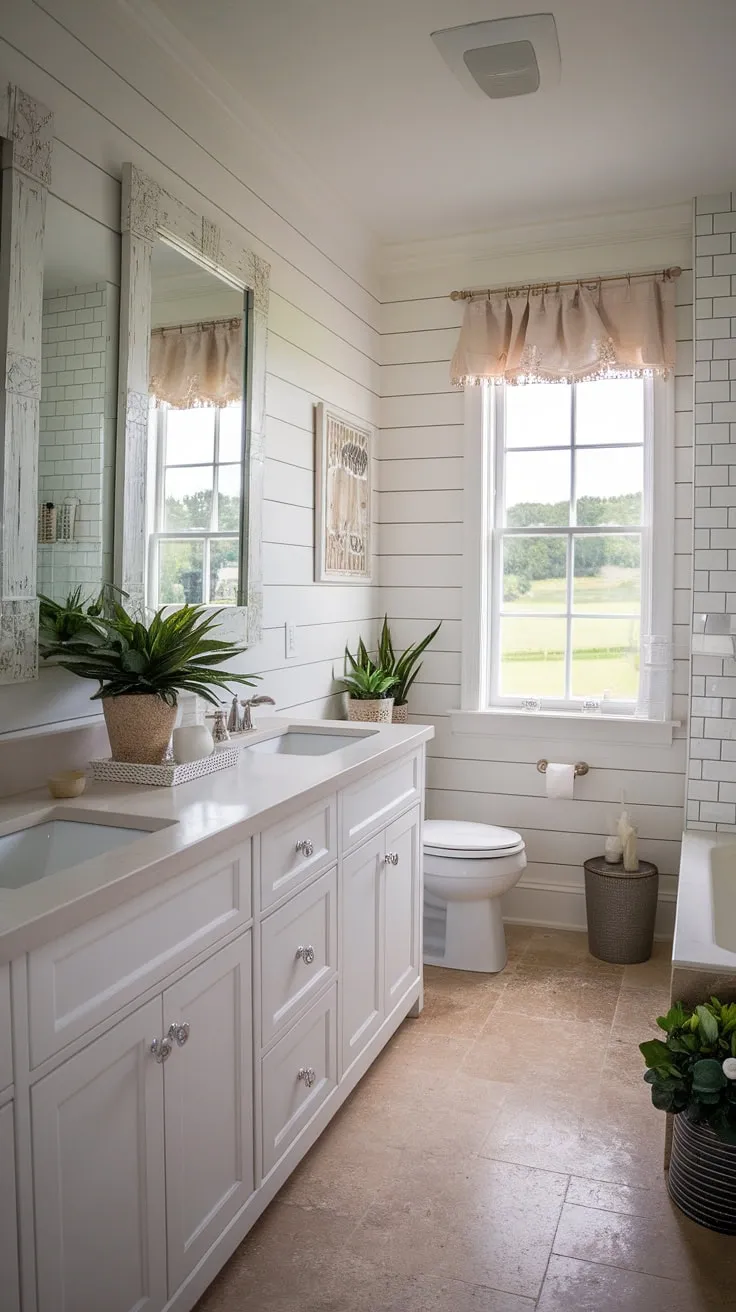 Transform your bathroom into a coastal oasis with this stunning bathroom remodel.  This coastal farmhouse design showcases the best of beach home bathroom ideas, incorporating chic coastal bathroom elements like the shiplap and the airy color scheme.  Perfect for a guest bathroom beach theme, this half bath coastal decor is brimming with coastal bathroom ideas, making it a stylish and relaxing space for all.