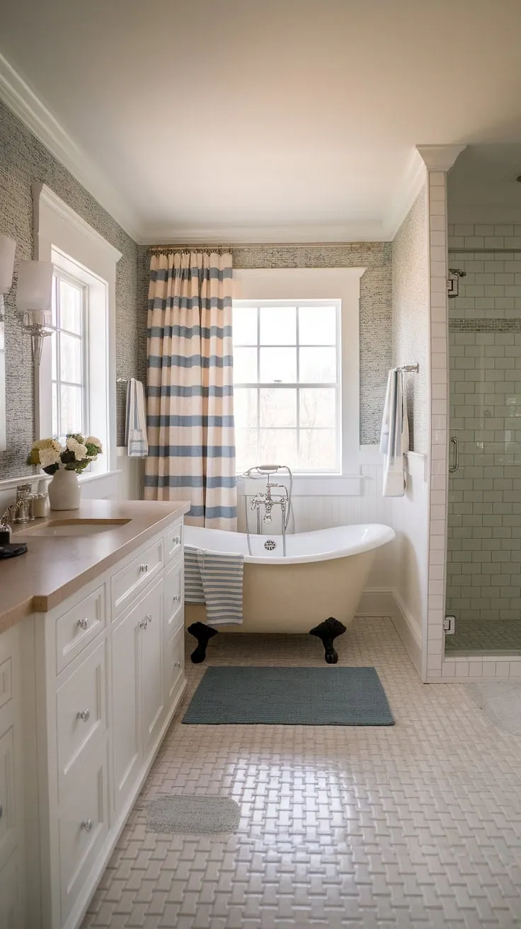 Transform your guest bathroom into a chic coastal retreat with this stunning remodel.  Coastal farmhouse charm meets beachy bliss in this half bath, offering a perfect blend of coastal bathroom ideas and beach home bathroom ideas for a truly relaxing guest experience.  The bathroom decor coastal style is effortlessly elegant, making it the perfect example of beach guest bathroom ideas.