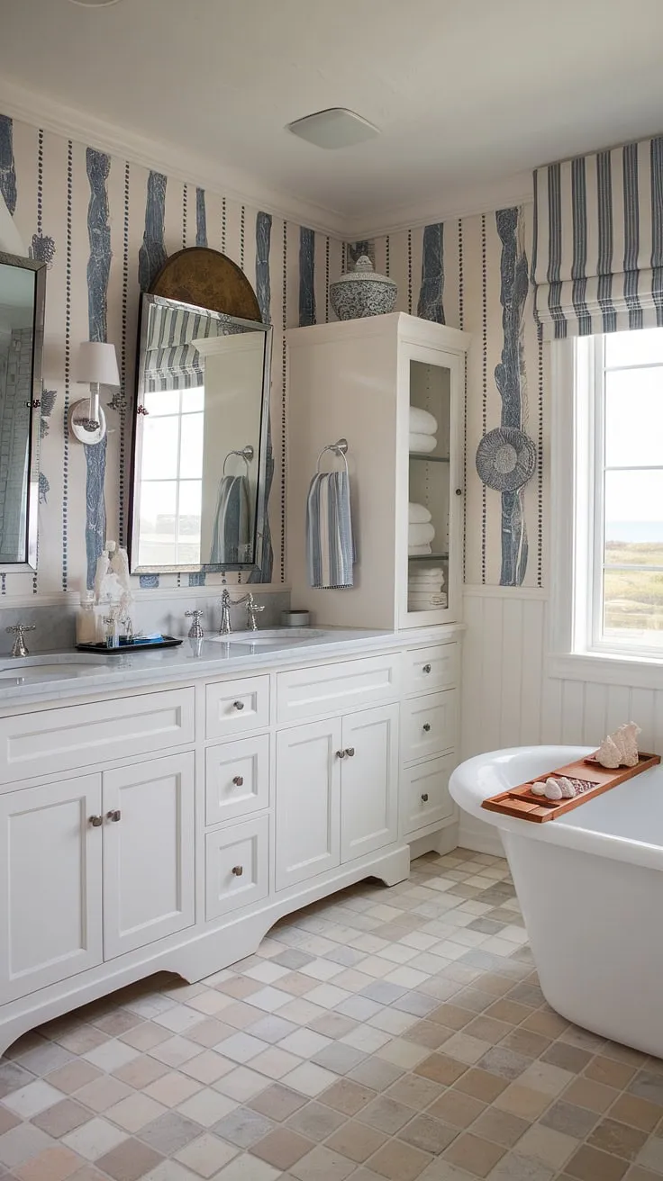 Escape to tranquility in this chic coastal bathroom, a stunning bathroom remodel showcasing coastal farmhouse style.  The perfect blend of beachy charm and refined elegance offers endless coastal bathroom ideas, ideal for a half bath coastal decor or a guest bathroom beach theme.  Beach guest bathroom ideas and beach home bathroom ideas come alive in this serene space.  Bathroom decor coastal style at its finest.