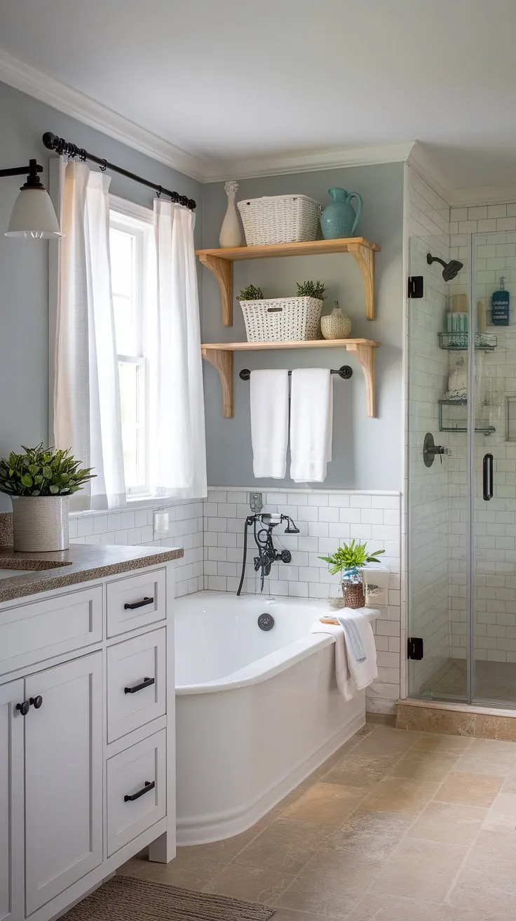 Transform your guest bathroom into a chic coastal retreat with this stunning remodel.  Coastal farmhouse charm meets beachy elegance in this half bath, showcasing the best in coastal bathroom ideas and beach home bathroom ideas.  Perfect for creating a relaxing beach guest bathroom experience.