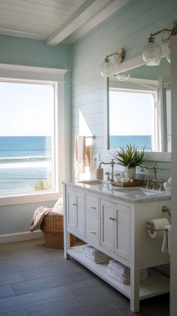 Transform your guest bathroom into a chic coastal haven with this stunning remodel.  Coastal farmhouse charm meets beachy bliss in this half bath, showcasing the best of coastal bathroom ideas and beach home bathroom ideas.  Perfect for creating a relaxing beach guest bathroom, this space effortlessly blends bathroom decor coastal style.