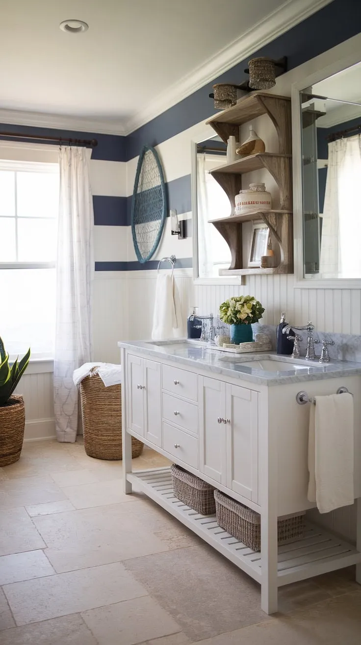 Transform your guest bathroom into a chic coastal retreat with this stunning remodel.  Coastal farmhouse charm meets beachy elegance in this half bath, showcasing the best in coastal bathroom ideas and beach home bathroom ideas.  Perfect for creating a relaxing beach guest bathroom experience.