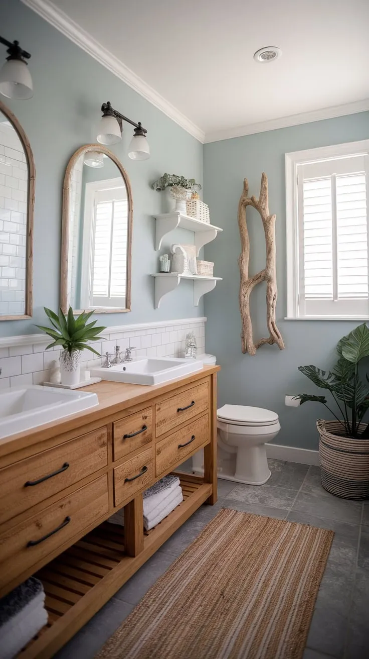 Transform your bathroom into a coastal oasis with this stunning bathroom remodel.  Beach guest bathroom ideas are effortlessly achieved with this coastal bathroom design, featuring a calming blue palette, rustic wood vanity, and beach-inspired accents.  This half bath coastal decor showcases the best of coastal farmhouse style, offering inspiration for your own beach home bathroom ideas.  The result is a chic coastal bathroom that's both stylish and functional.