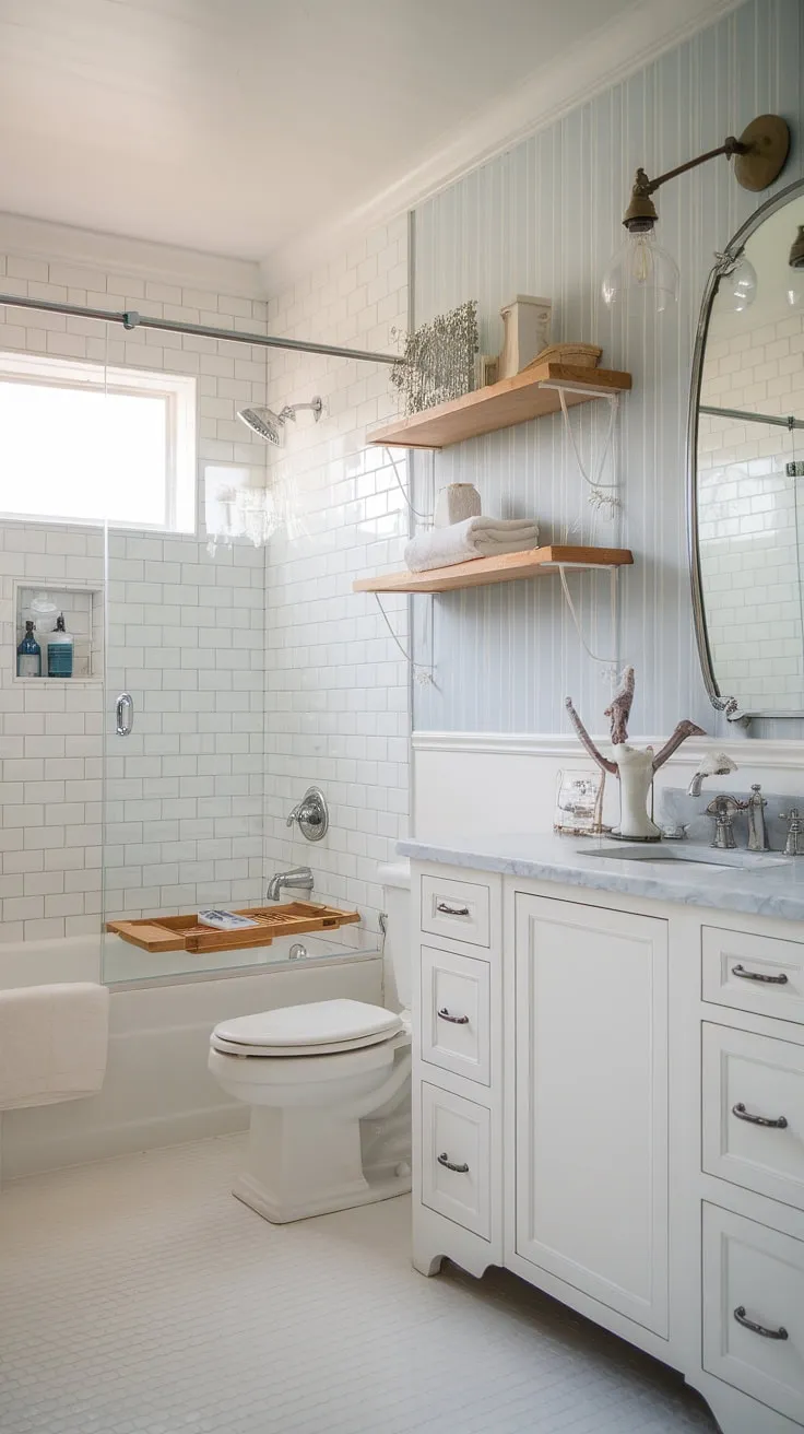 Transform your guest bathroom into a chic coastal haven with this stunning remodel.  Coastal farmhouse charm meets beachy bliss in this half bath, showcasing the best in coastal bathroom ideas and beach home bathroom ideas.  Perfect for creating a relaxing beach guest bathroom experience.