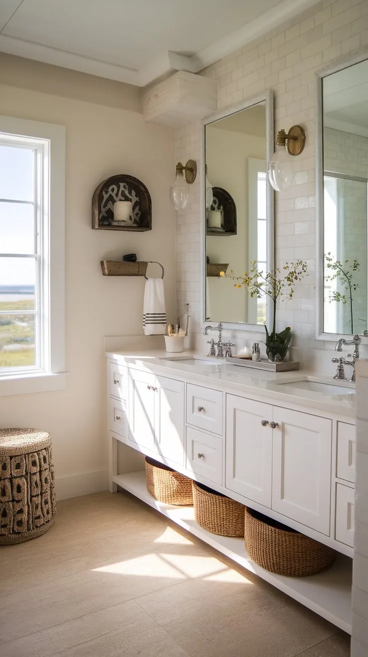Escape to tranquility in this bathroom remodel coastal farmhouse.  Beach guest bathroom ideas abound in this space, showcasing a chic coastal bathroom with thoughtful coastal bathroom decor.  The half bath coastal decor and beach home bathroom ideas create a welcoming guest bathroom beach theme, perfect for coastal bathroom ideas in your own home.