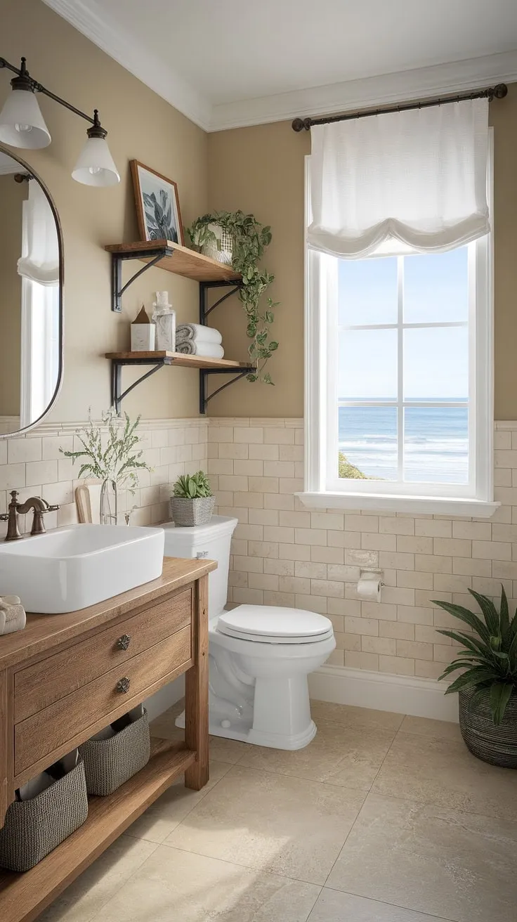 This coastal bathroom ideas showcase a stunning bathroom remodel, transforming a simple space into a chic coastal bathroom.  The coastal farmhouse design, complete with beach guest bathroom ideas and thoughtful bathroom decor coastal style, makes this the ultimate beach home bathroom ideas for a relaxing half bath coastal decor.