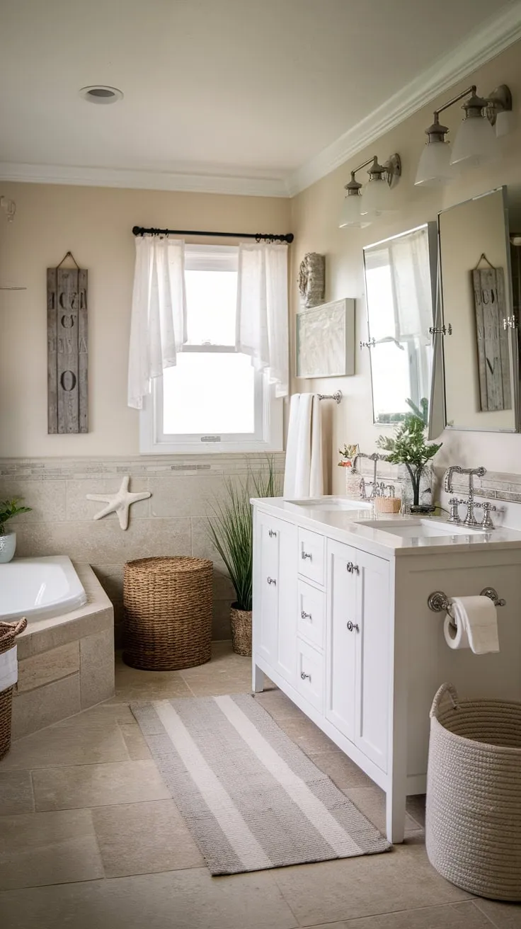 Transform your half bath coastal decor with this bathroom remodel coastal farmhouse inspiration.  This beach guest bathroom ideas showcase a calming coastal bathroom design, perfect for a beach home.  The result? A stylish and functional space brimming with bathroom decor coastal style.