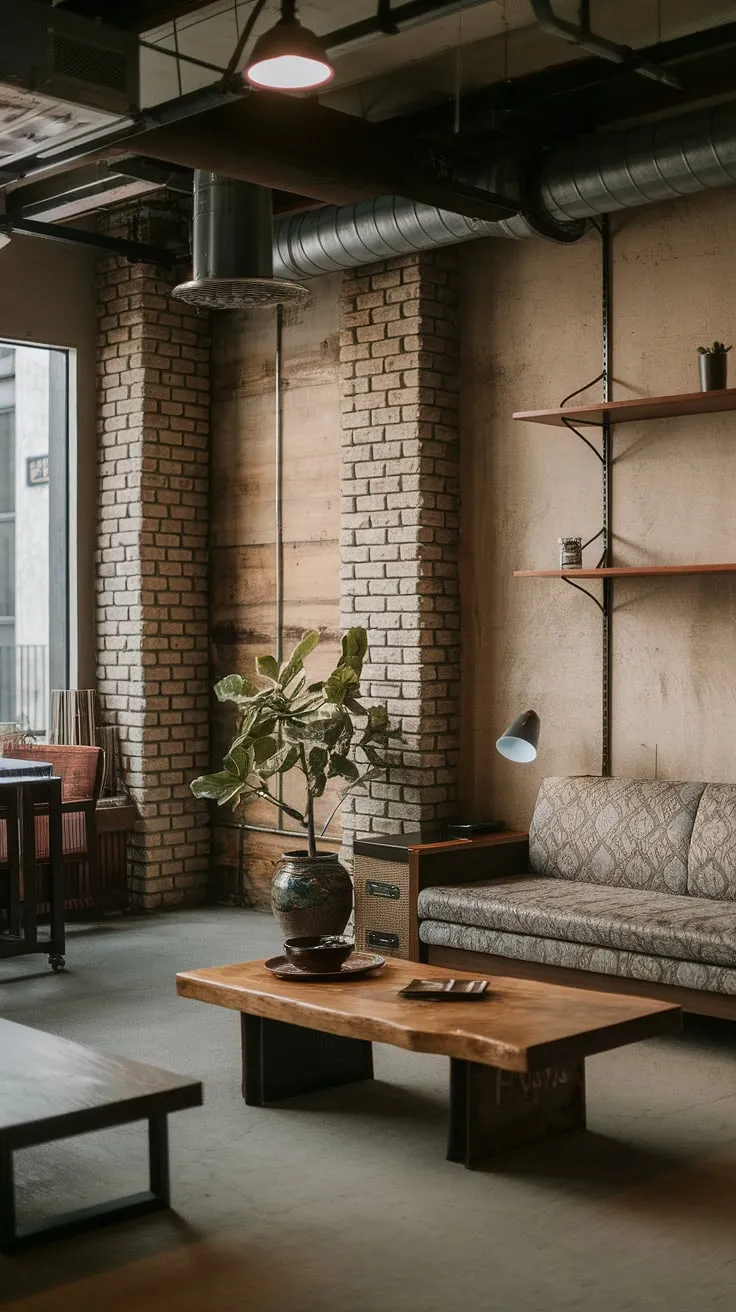 A stunning example of neo industrial interior design, this modern urban apartment boasts an industrial style living room that's both stylish and functional.  The space masterfully incorporates industrial living room ideas, blending the raw elements of industrial concept interior with the calming influence of industrial Japandi to create a truly chic industrial living room.