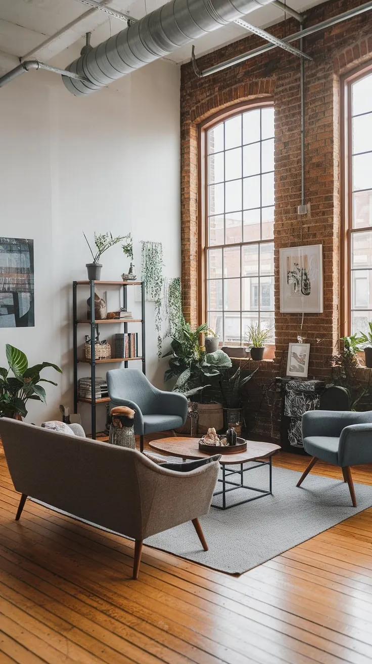 This chic industrial living room seamlessly blends modern urban apartment living with a neo-industrial aesthetic.  The industrial japandi influences are evident in the clean lines and natural materials, creating an industrial living room design that's both stylish and functional.  Explore this industrial concept interior for inspiring industrial living room ideas and discover the beauty of a neo industrial style living room.