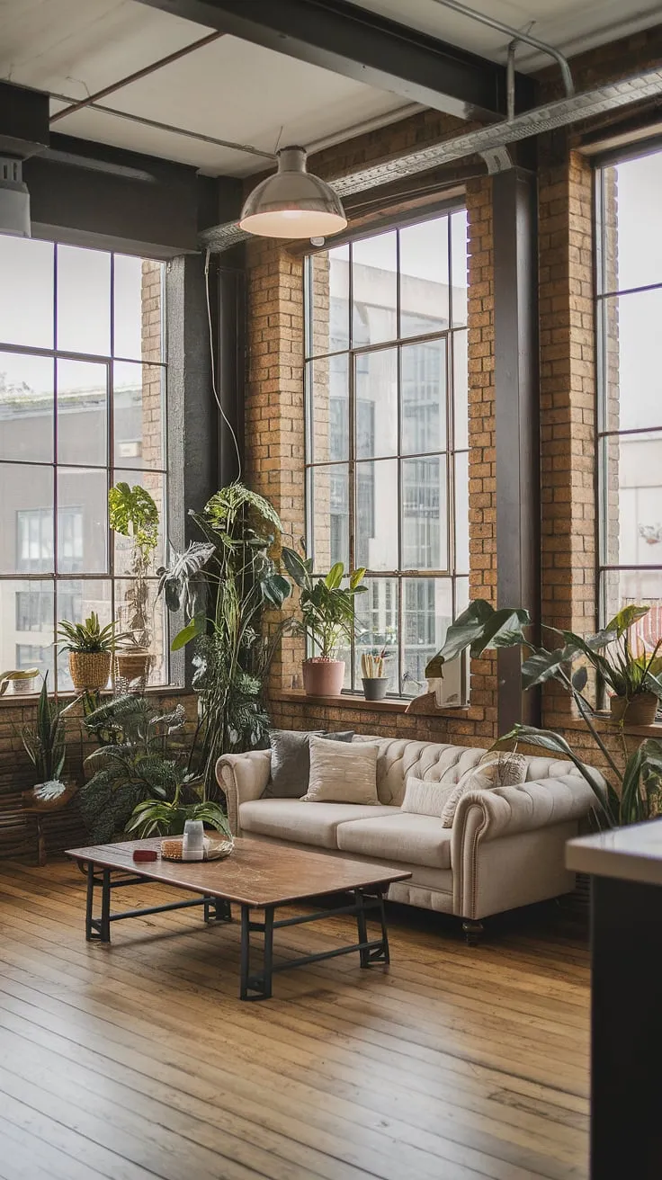 A stunning example of neo-industrial interior design, this modern urban apartment boasts an industrial style living room.  The high ceilings and exposed brick walls are softened by a neutral palette and pops of greenery, creating a sophisticated and inviting space.  This industrial living room design perfectly balances raw industrial elements with comfortable, chic furnishings, offering inspiration for your own industrial living room ideas.