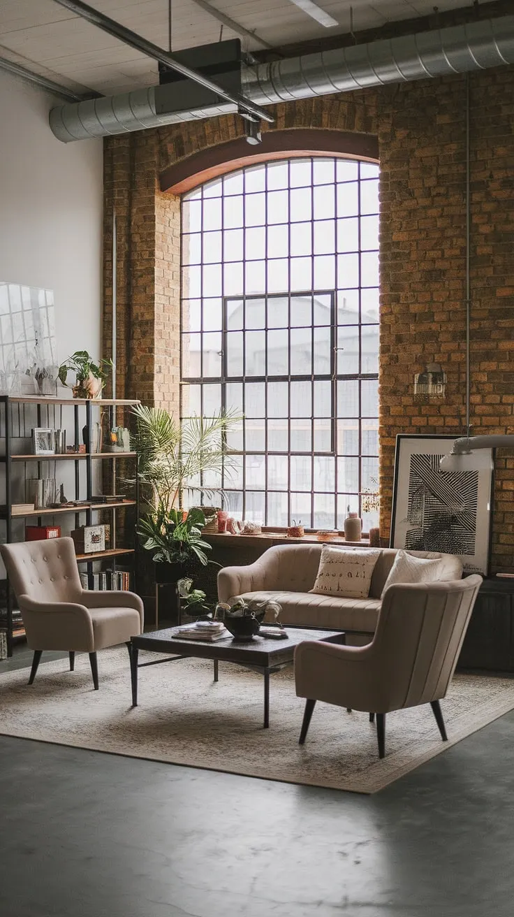 A modern urban apartment transformed: this industrial living room design showcases the best of neo-industrial interior.  The high ceilings and metal-barred window highlight the industrial concept interior, while the beige furniture and subtle Japanese influences create a calming industrial japandi atmosphere.  Find inspiration for your own industrial living room ideas in this chic industrial living room, a perfect example of how to blend industrial style living room elements with contemporary comfort.