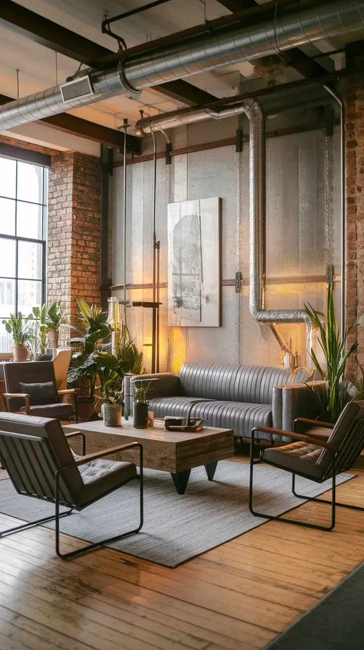 A stunning example of neo industrial interior design, this modern urban apartment boasts an industrial style living room that's both sophisticated and effortlessly cool.  Explore the unique blend of industrial japandi influences and discover fresh industrial living room ideas within this captivating space.  The overall effect is a chic industrial living room that redefines industrial concept interior.