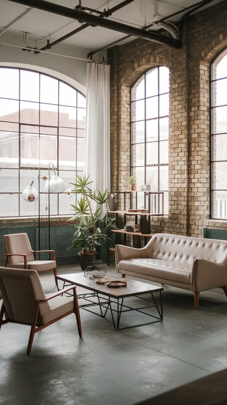 A captivating blend of industrial and Japandi aesthetics defines this modern urban apartment's living room.  The industrial style living room, with its exposed brick and concrete floor, is softened by the neutral palette and thoughtful placement of natural elements. This industrial japandi space exemplifies a neo industrial interior, offering fresh industrial living room ideas and showcasing a truly chic industrial living room design.