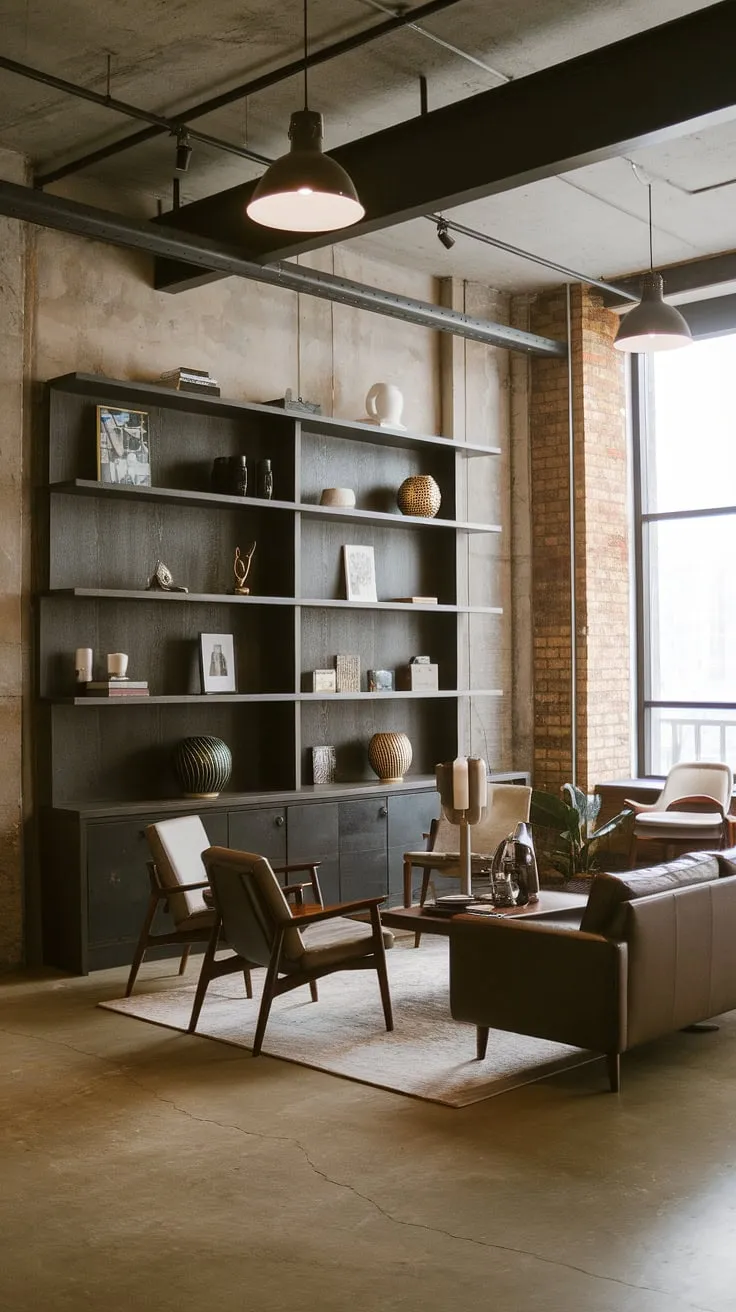 Industrial living room ideas meet modern urban apartment living in this stunning space.  The neo-industrial interior, with its exposed brick walls and steel beam, is softened by a dark wooden shelf and mid-century modern seating, creating a chic industrial living room that's both stylish and comfortable. This industrial style living room exemplifies the best of industrial Japandi, a perfect blend of raw industrial elements and calming Japanese aesthetics.  A true showcase of industrial living room design.