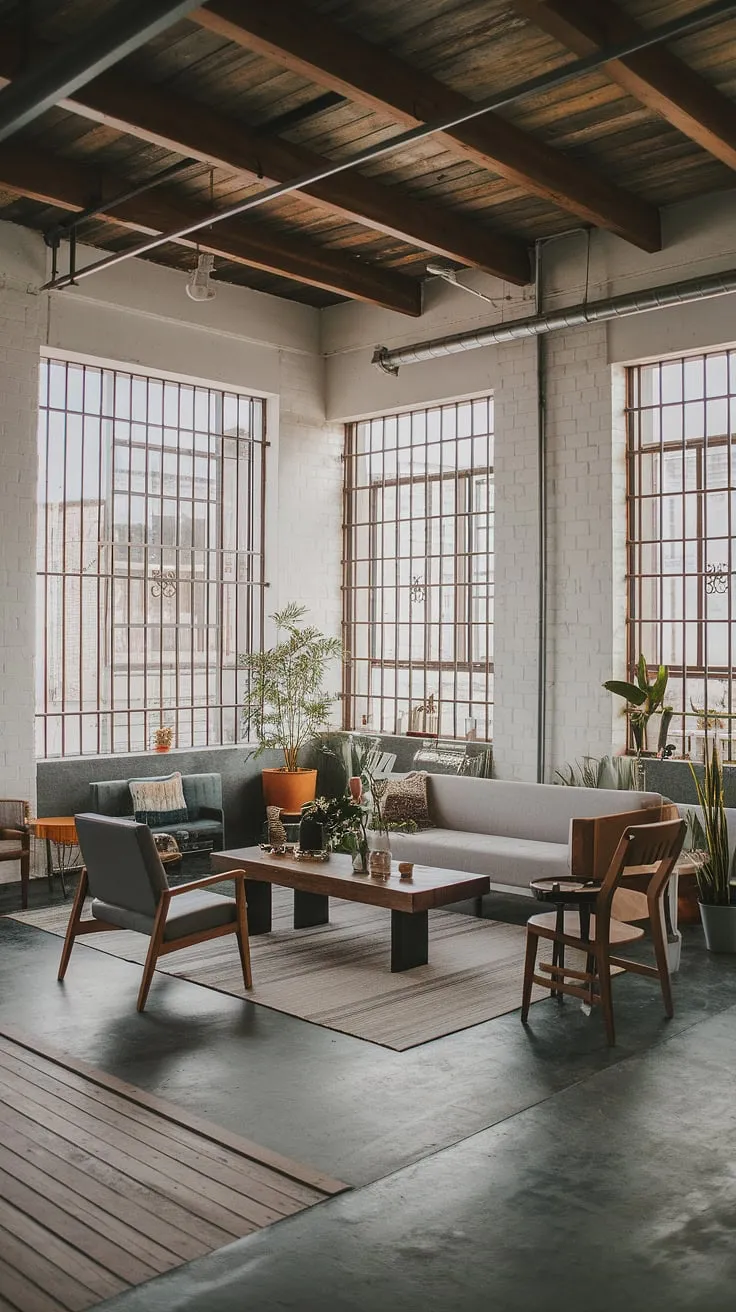 A stunning example of neo industrial interior design, this modern urban apartment boasts an industrial style living room.  The space masterfully combines industrial living room ideas with a touch of japandi minimalism, creating a truly unique and chic industrial living room.  This industrial concept interior is the epitome of sophisticated urban living.
