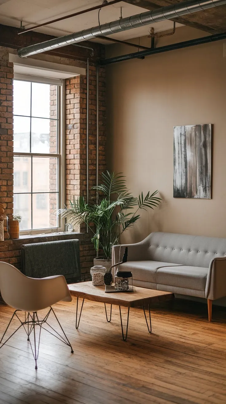 This chic industrial living room seamlessly blends modern urban apartment living with a neo-industrial interior.  The exposed brick, metal beams, and warm wood create an inviting industrial japandi aesthetic, showcasing the best of industrial living room design and offering plenty of industrial living room ideas.