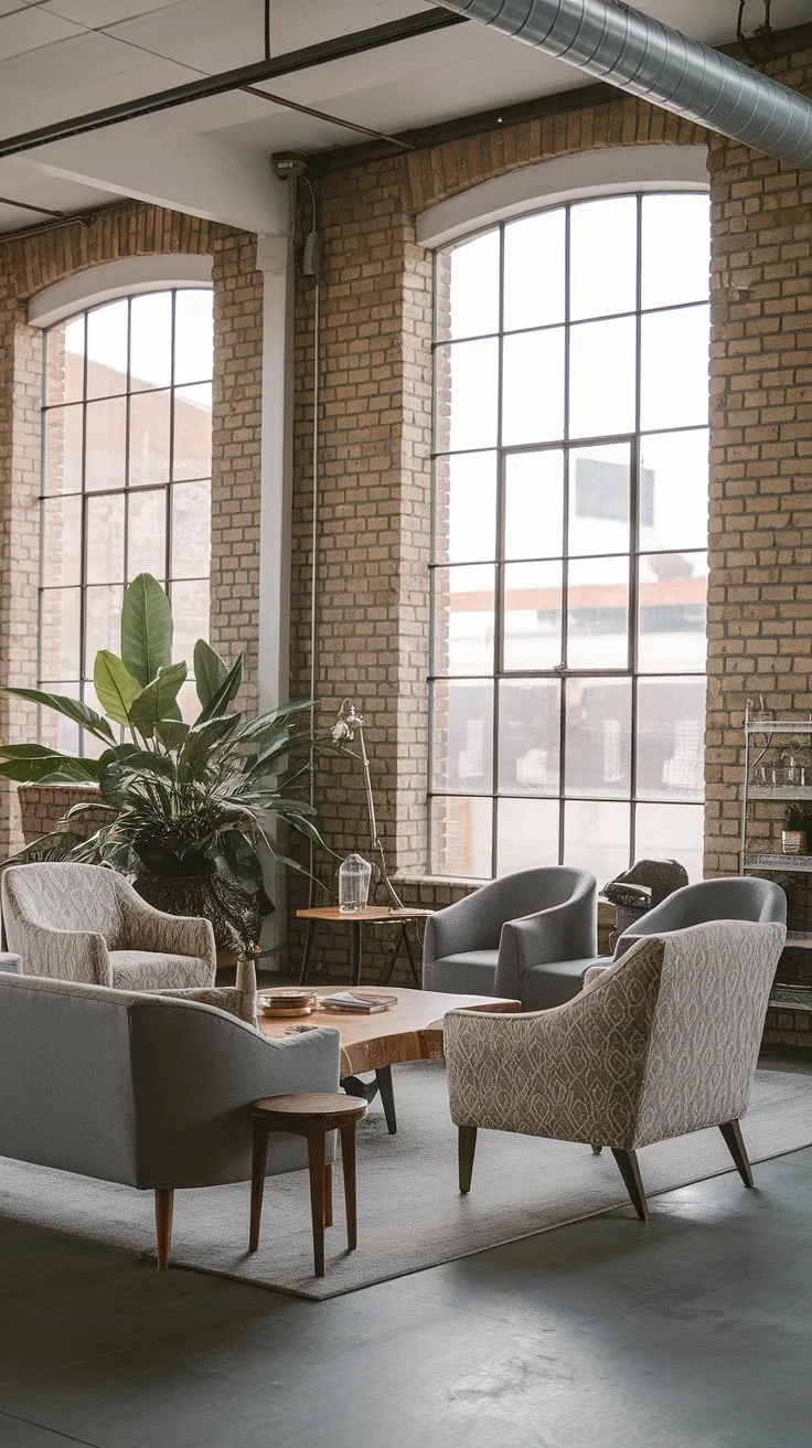 This chic industrial living room seamlessly blends modern urban apartment living with a neo-industrial aesthetic.  The result is an inspiring industrial living room design, showcasing the best of industrial Japandi style and offering plenty of industrial living room ideas for your own space.  The industrial concept interior is both sophisticated and effortlessly cool.