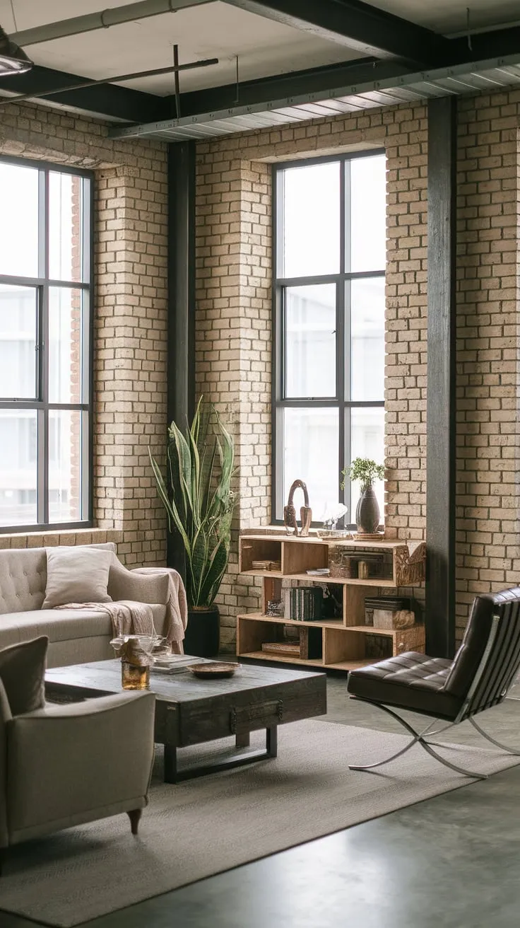 This chic industrial living room seamlessly blends modern urban apartment living with a neo-industrial aesthetic.  The result is an inspiring industrial living room design, showcasing the best of industrial japandi and offering plenty of industrial living room ideas for your own space.  The industrial concept interior is both stylish and functional.