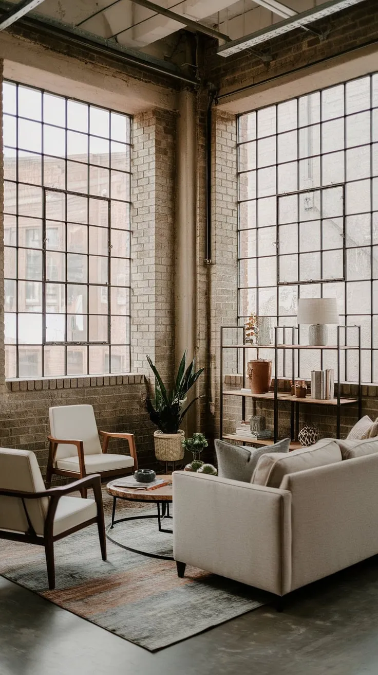 This chic industrial living room seamlessly blends modern urban apartment living with a neo-industrial aesthetic.  The result is an effortlessly cool industrial japandi space, showcasing the best of industrial living room design and offering inspiring industrial living room ideas.