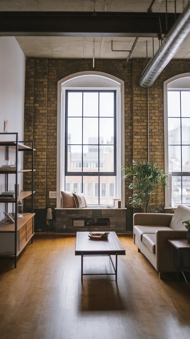 A stunning example of neo-industrial interior design, this modern urban apartment boasts an industrial concept interior.  The space masterfully combines industrial style living room elements with a touch of chic, offering fresh industrial living room ideas for those seeking a unique and stylish home.