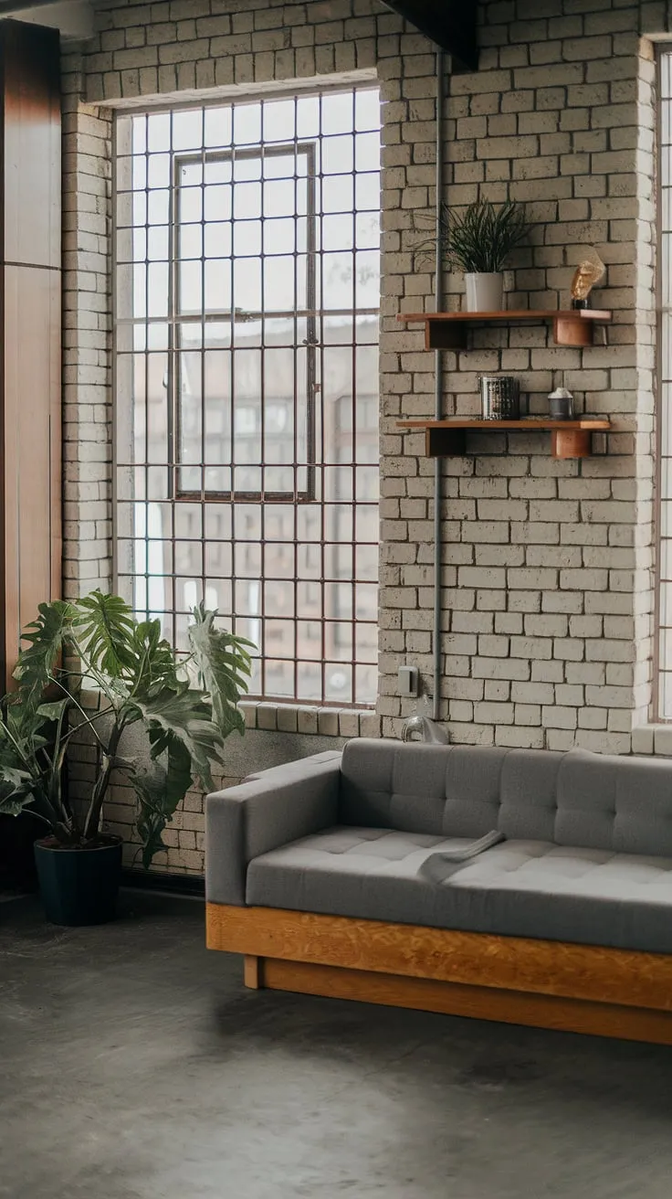 This chic industrial living room showcases a masterful blend of neo-industrial and industrial Japandi elements, creating a modern urban apartment with undeniable style.  The exposed brick walls, concrete floor, and metal-barred window perfectly complement the gray sofa and wooden accents, offering inspiring industrial living room ideas for a truly unique industrial living room design.