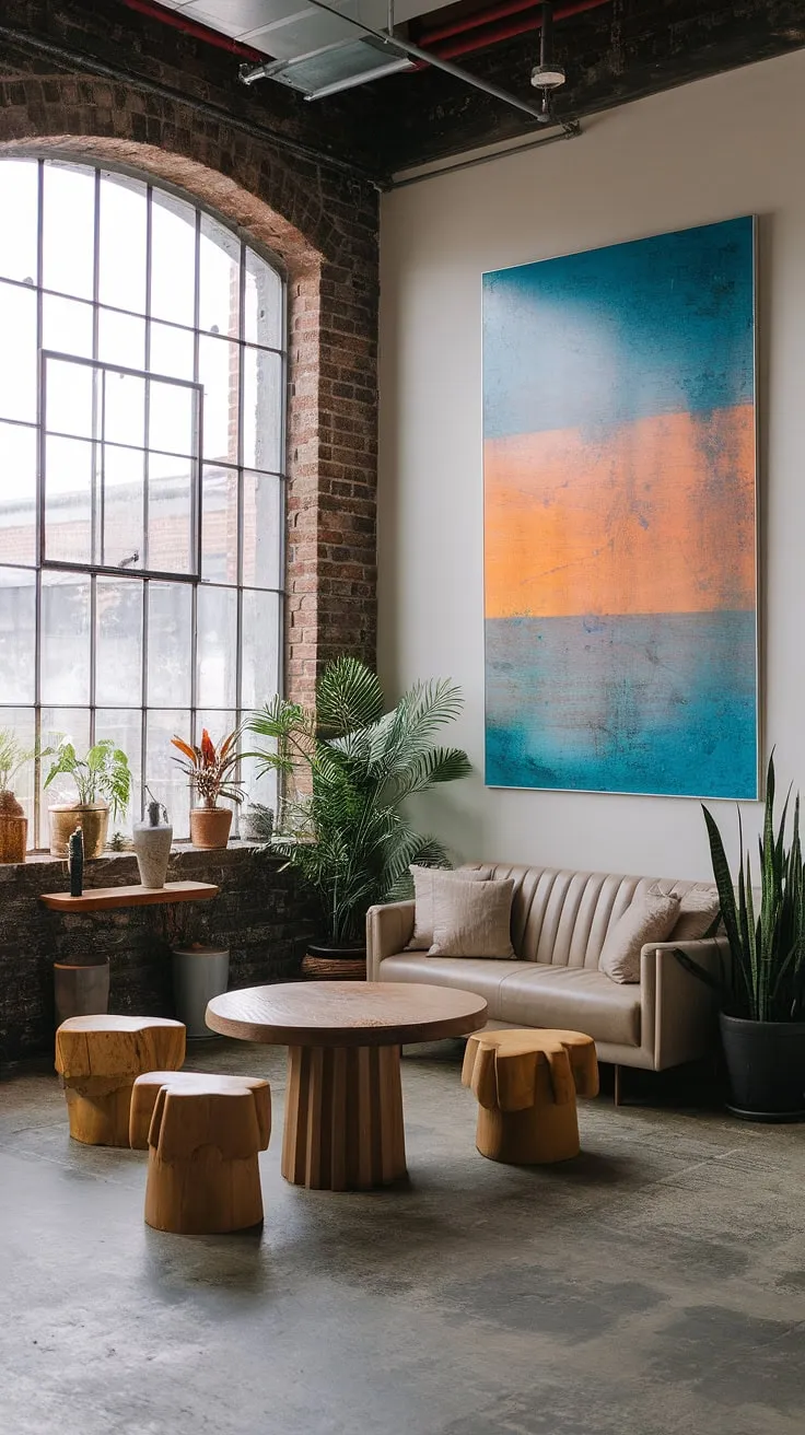 This chic industrial living room seamlessly blends modern urban apartment living with a neo-industrial aesthetic.  The result is an industrial japandi space showcasing the best of industrial living room design and offering inspiring industrial living room ideas.