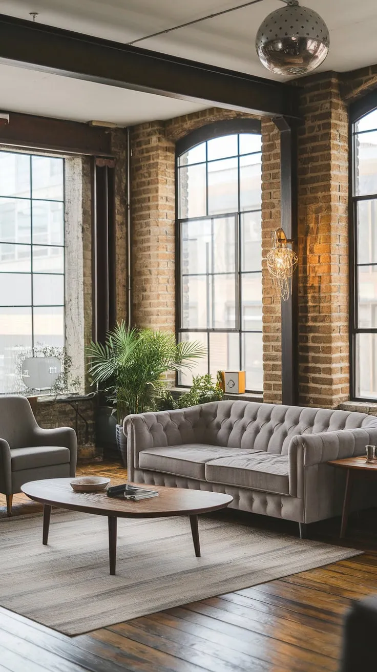 A stunning example of neo-industrial interior design, this modern urban apartment boasts an industrial style living room that's both sophisticated and effortlessly cool.  The space masterfully combines industrial living room ideas with a touch of Japandi minimalism, creating a truly unique and chic industrial living room.