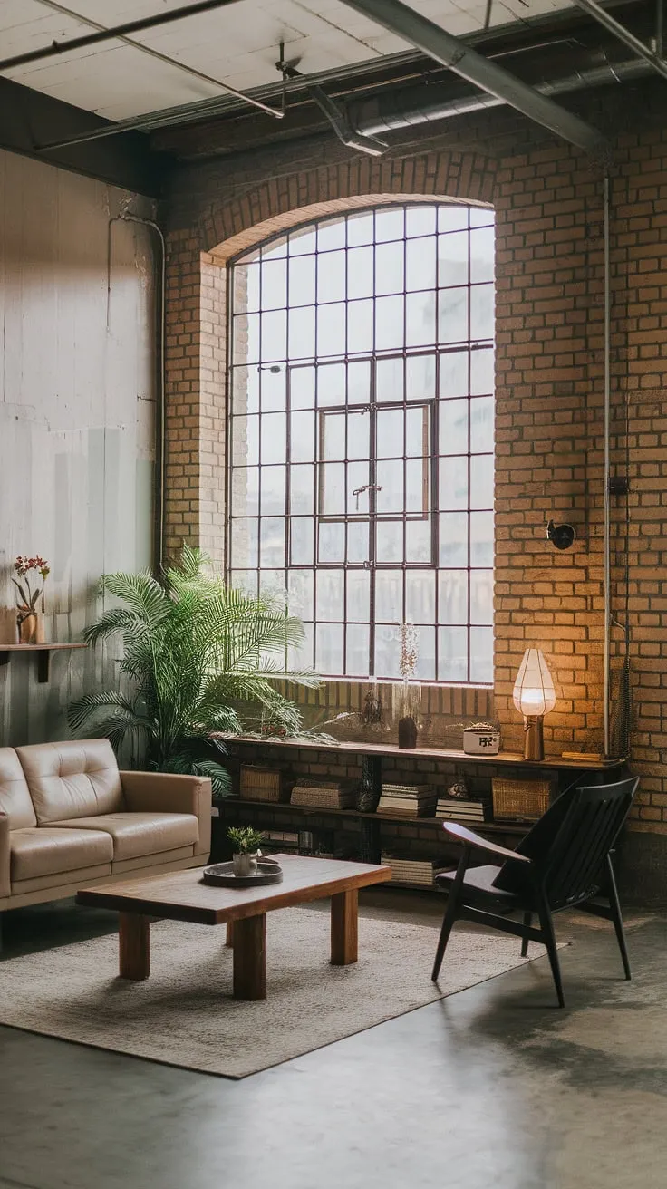 This chic industrial living room seamlessly blends modern urban apartment living with a neo-industrial aesthetic.  The industrial japandi influences are evident in the clean lines and natural materials, creating an industrial living room design that's both stylish and functional.  Explore this industrial concept interior for inspiration on your own industrial living room ideas.  The result is a truly captivating neo industrial interior.