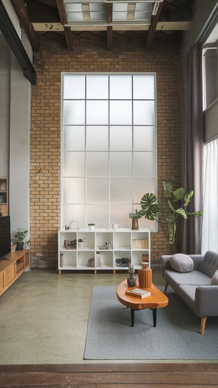 This chic industrial living room seamlessly blends Japandi minimalism with raw industrial elements.  The high ceilings, exposed brick, and wooden beams create a stunning backdrop for the modern urban apartment's carefully curated furniture and personal touches, showcasing a perfect example of neo-industrial interior design. This industrial japandi space offers inspiring industrial living room ideas for those seeking a unique and stylish industrial living room design.