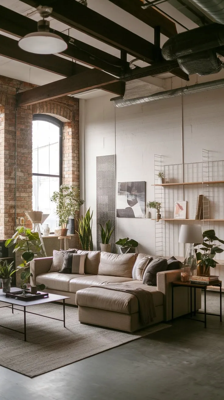 A stunning example of industrial japandi design, this industrial style living room transforms a raw industrial space into a sophisticated modern urban apartment.  The high ceilings and exposed brick walls are balanced by calming neutrals and natural textures, resulting in a unique and inviting industrial living room.  This neo industrial interior is a testament to the versatility of industrial living room ideas.