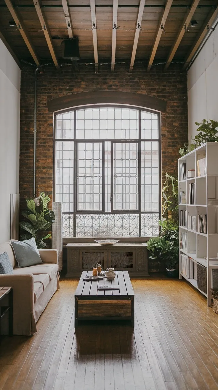 A modern urban apartment transformed: this industrial style living room boasts a captivating neo industrial interior.  The industrial living room design expertly marries raw industrial elements—exposed brick, wooden beams, iron-barred windows—with the calming minimalism of Japandi aesthetics.  The result? A sophisticated and inviting space, brimming with industrial living room ideas and showcasing the best of neo industrial design. This is industrial japandi at its finest.