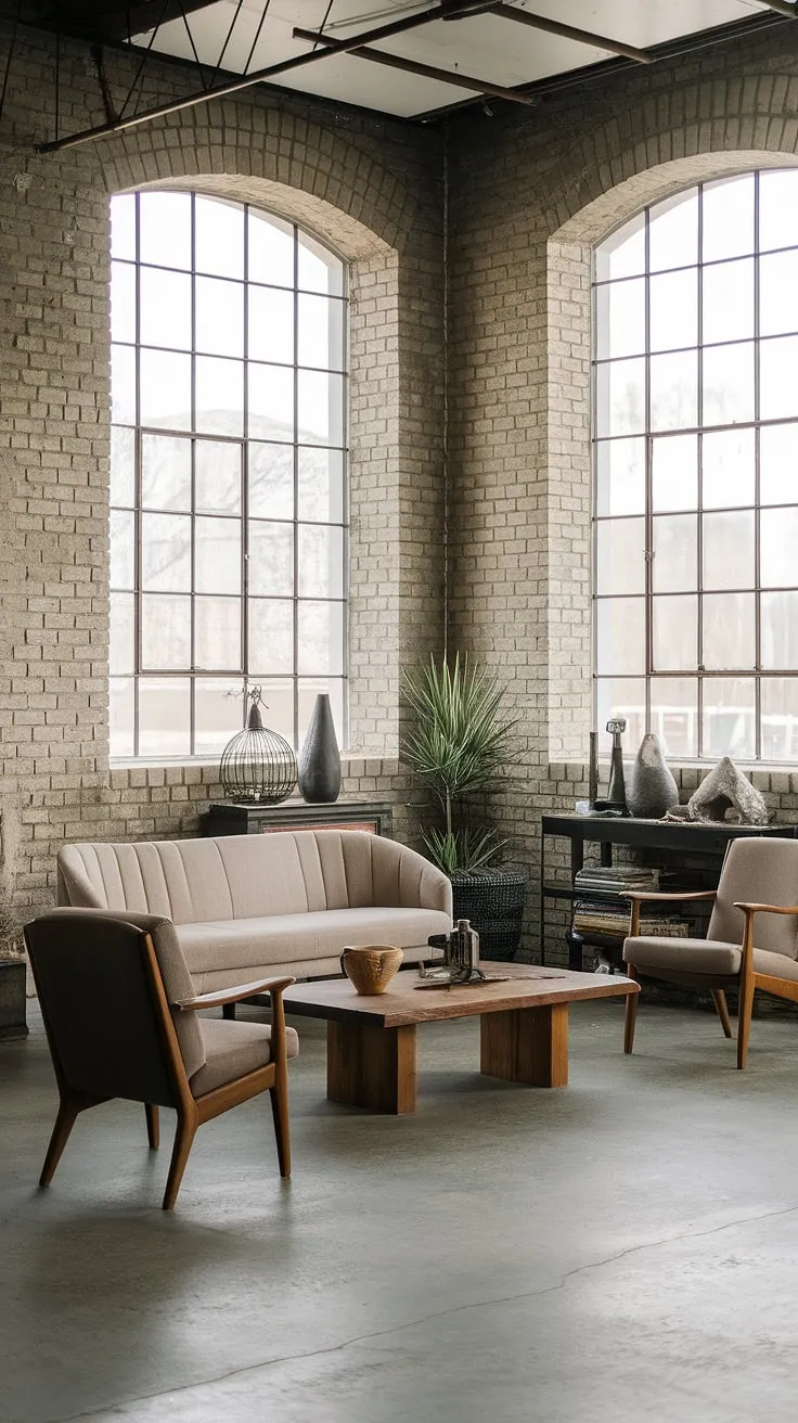 This chic industrial living room seamlessly blends modern urban apartment living with a neo-industrial aesthetic.  The result is an inspiring industrial living room design that showcases the best of industrial japandi style, offering plenty of industrial living room ideas for your own space.  The industrial concept interior is both stylish and functional.