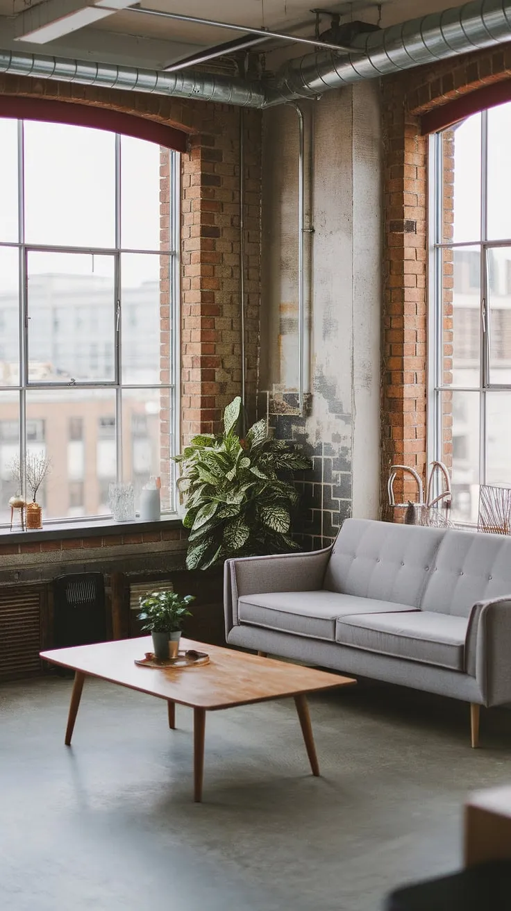 A stunning example of neo-industrial interior design, this modern urban apartment boasts an industrial style living room that's both sophisticated and effortlessly cool.  The space masterfully combines industrial living room ideas with a touch of Japandi minimalism, creating a truly unique and inviting industrial concept interior.