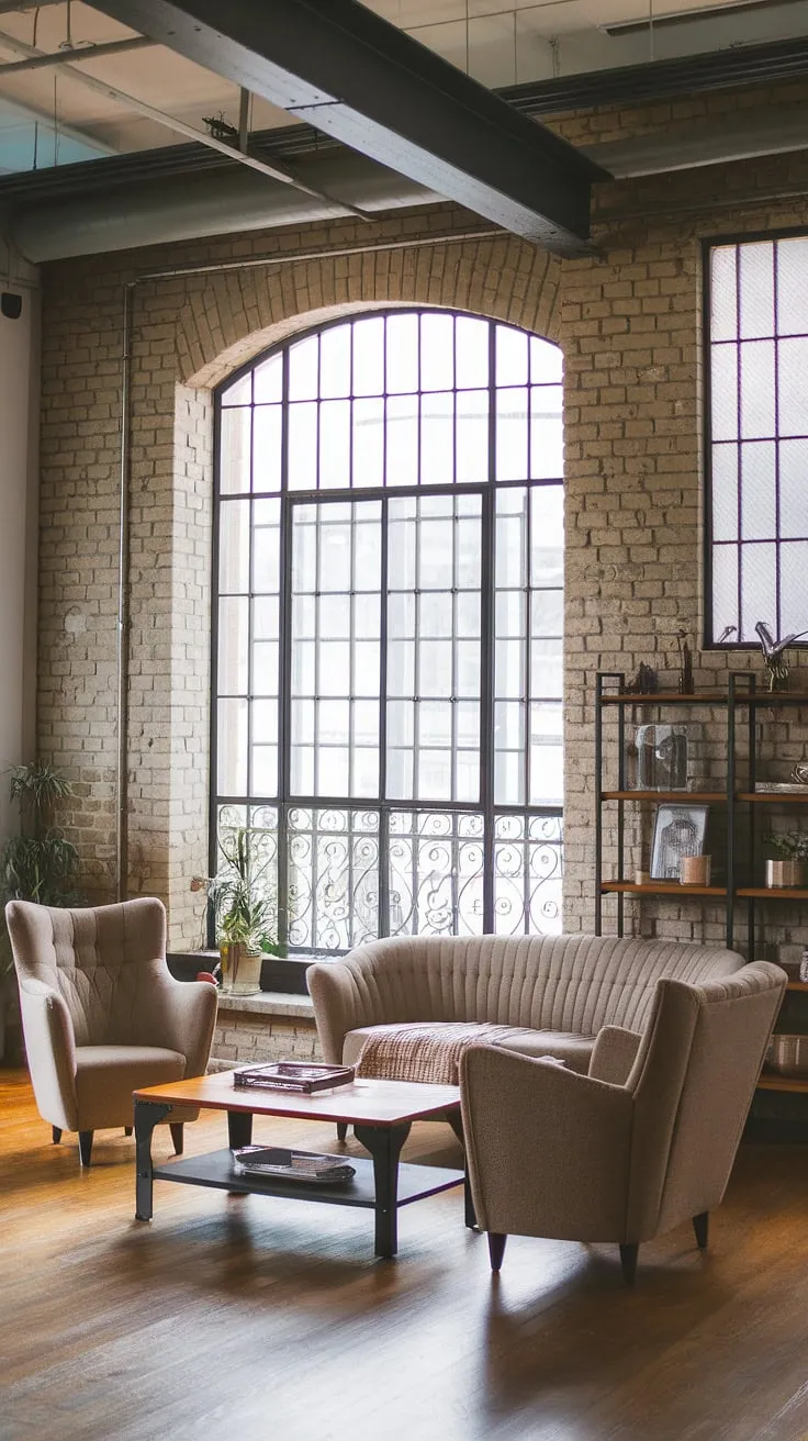 This chic industrial living room seamlessly blends modern urban apartment living with a neo-industrial aesthetic.  The industrial japandi influences are evident in the clean lines and natural materials, creating a sophisticated and inviting space.  This industrial living room design showcases the best of industrial living room ideas, offering a fresh take on the industrial concept interior.  A true example of neo industrial style, it's a testament to the enduring appeal of industrial living room design.
