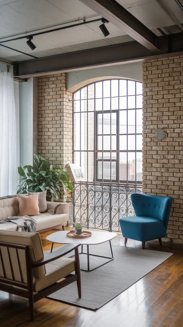 This chic industrial living room, a stunning example of neo-industrial interior design, seamlessly blends modern urban apartment living with industrial Japandi elements.  Exposed brick, a concrete ceiling, and steel beams create a raw backdrop for the beige sofa and blue accent chair, showcasing the best of industrial living room ideas.  The result is a sophisticated and inviting space that perfectly embodies industrial living room design.