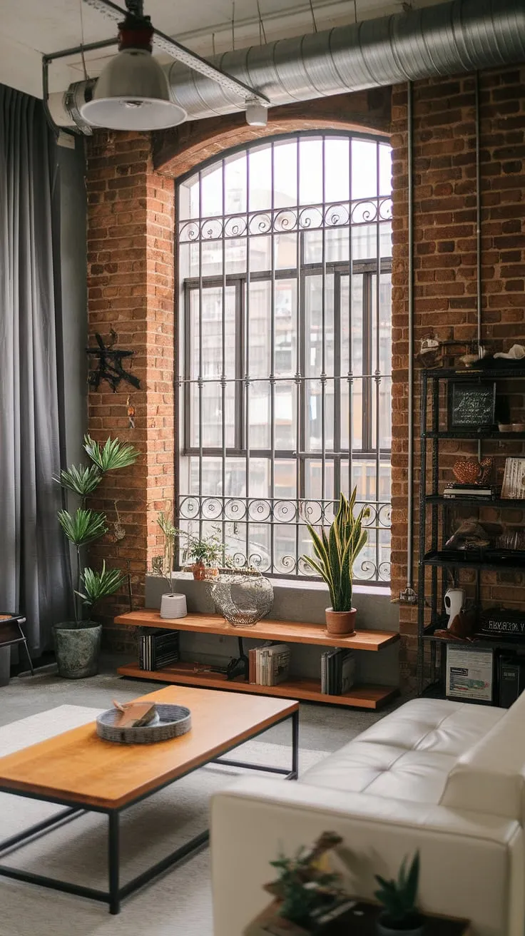 A stunning example of neo industrial interior design, this modern urban apartment boasts an industrial concept interior with a twist.  The industrial style living room features exposed brick, metal accents, and warm wood, all balanced by the serene simplicity of Japandi elements.  This industrial living room design is a masterclass in blending textures and styles, offering a wealth of industrial living room ideas for your own space.