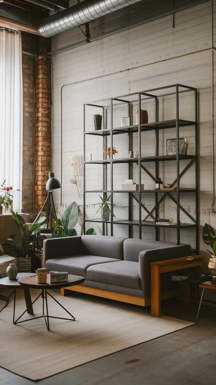 This chic industrial living room seamlessly blends modern urban apartment living with a neo-industrial aesthetic.  The result is an effortlessly cool industrial japandi space, showcasing the best of industrial living room design and offering plenty of industrial living room ideas.